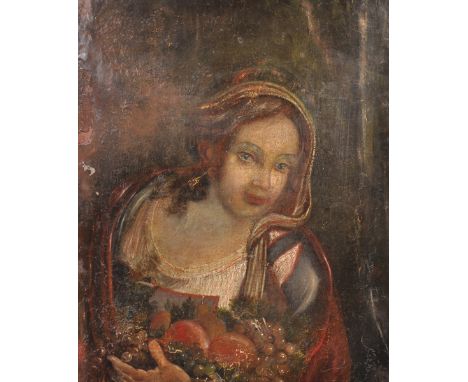 19th Century English School. Portrait of a Girl holding Fruit, Oil on Canvas, 24" x 19".