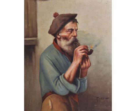 Rossi (20th Century) Italian. Study of a Bearded Man lighting a Pipe, Oil on Canvas laid down, Signed, Unframed, 15.75" x 12.