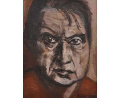 20th Century English School. Portrait of Francis Bacon, Oil on Board, Indistinctly Signed, 19.5" x 15.25".