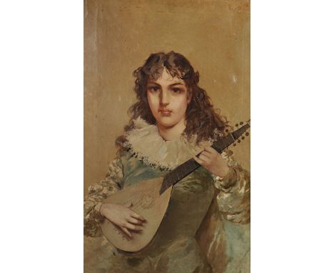 G...Lorini (19th-20th Century) Italian. Half Length Portrait of a Girl playing a Stringed Instrument, Oil on Canvas, Signed, 