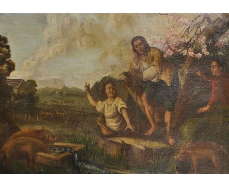 Late 19th Century German School. Boars Drinking from a Trough with Figures nearby and a Farm in the distance, Oil on Canvas, 