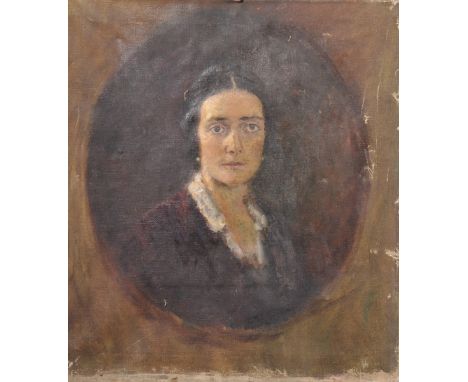 20th Century Spanish School. Portrait of a Lady, wearing a red Dress with a white Collar, Oil on Canvas, in a painted Oval, U