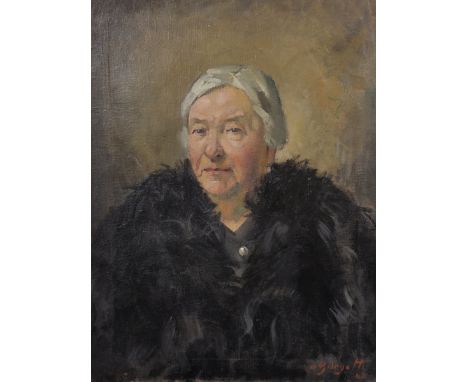 Angelo Giorgetti  (1899-1960) Italian. Portrait of a Lady, wearing a Black Coat with Feathers, Oil on Canvas, Signed and Date