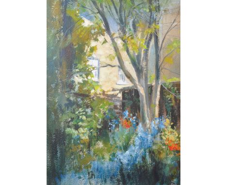 Sim (20th Century) British. "A Patch of Blue", a Garden Scene, Mixed Media, Signed, and Inscribed on the mount, 19.25" x 14".