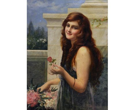 Attributed to William Joseph Carroll (19th-20th Century) British. Portrait of a Lady holding Flowers on a Marble Terrace, Oil