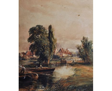 Follower of John Constable (1776-1837) British. A Barge Approaching a Lock, with Cottages in the distance, Watercolour, Unfra