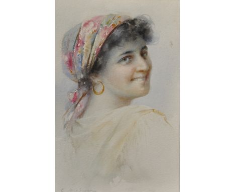 Giuliano de Luca (1947    ) Italian. Portrait of a Lady wearing a Headscarf, Watercolour, Signed, 12" x 8", and the companion