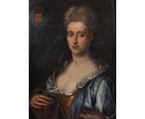 18th Century European School.  Portrait of a Lady, wearing a Blue and Gold Dress, with a Coat of Arms, Oil on Canvas, 25.5" x