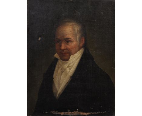 19th Century German School. Portrait of a Man wearing a black Coat with a white Shirt and Stock, Oil on Canvas, Unframed, 17.