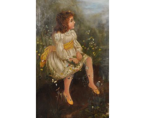 19th Century English School. Portrait of a Girl wearing a white Dress with a yellow Sash and sitting in a Field of Flowers, O