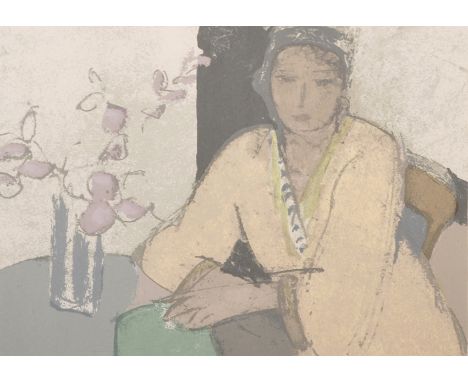 20th Century Continental School. Lady Seated at a Table with Purple Flowers, Lithograph, Indistinctly Signed and Numbered 170