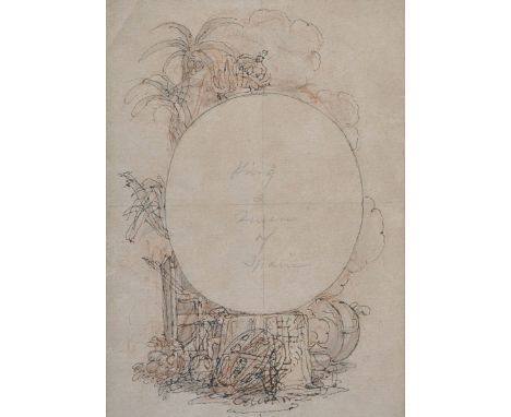 Early 19th Century English School. Design for a Surround for a Portrait for the King and Queen of Spain, Ink and Wash, 7" x 5