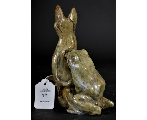 Alfred Jean Halou (1875-1939) French. A Toad and Chameleon, Glazed Ceramic, Incised Signature, 6.5" x 3.25" x 4.5".