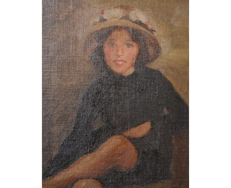 Harrington Mann (1864-1937) British. Portrait of a Young Girl in a Hat, Oil on Artist's Board, Signed, 18" x 14".