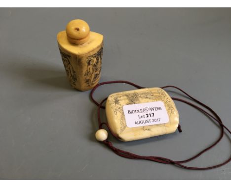 A bone reproduction snuff box together with a reproduction bone pill box with erotic scene.