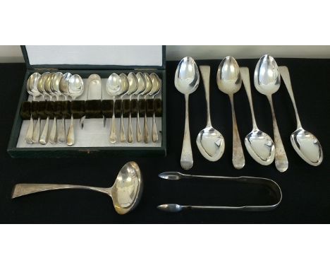 A lot to include a set of six George III silver dessert spoons with engraved crest to terminal, hallmarked London 1787, with 