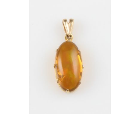 A fire opal pendant, set with an oval opal cabochon, measuring approx. 16x9mm, set in unmarked yellow metal.