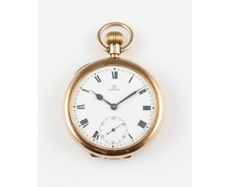 An Omega 9ct yellow gold cased open face crown wind pocket watch, the white enamel dial having hourly Roman numerals with min