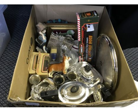 A box containing model cars, figures, key rings, barrel, glass items, plated ware and a wall plate.