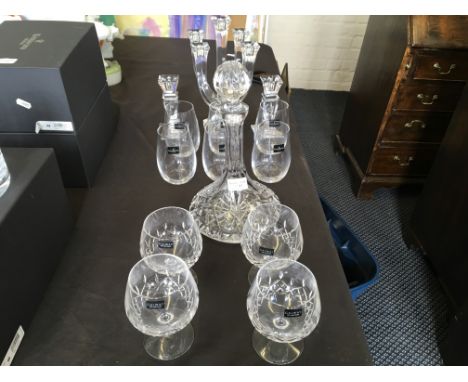 *A selection of various Galway cut glass to include a decanter, six glasses, a five branch candle stick holder, four brandy g