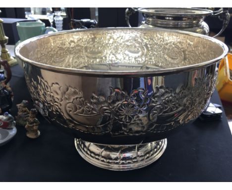 A large silver plated punch bowl stamped 'Vinebrass Sheffield' to base, together with ladle.