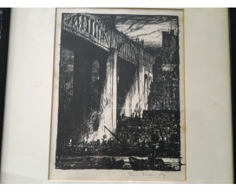 SIR FRANK BRANGWYN, framed, signed, lithograph depicting a castle in Newcastle, 19.5cm x 15cm.