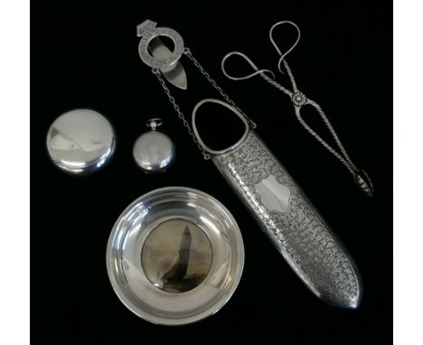 A collection of silverware to include a glasses case, hallmarked Chester 1906, a Victorian sovereign holder, hallmarked Birmi