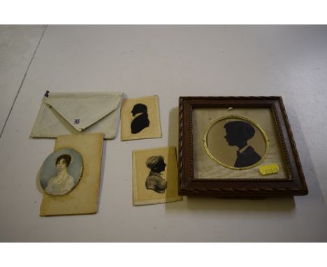 Three 19th Century silhouettes; together with a 19th Century miniature portrait of a lady
