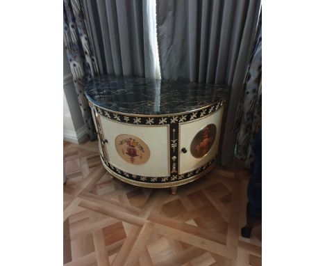 Adam Style Demilune Commode Cabinet With Classical Painted Scenes And Gilded Decoration With Marble Top Internally Fitted Wit