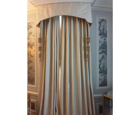 A Pair Of A Silk Light Golden Drapes And Pelmet With Dark Gold Piping Complete With Pelmet And 2 x Lantern Style Tassels 110 