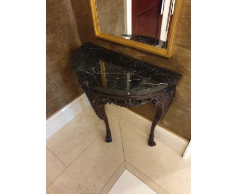 { Option of lots:  3450, 3451 } Demi Lune Console Table Wooden Table With Carved Details And Black Marble Top 85 x 39 x 78cm 