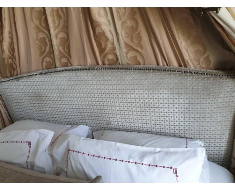 Headboard, Handcrafted With Nail Trim And Padded Textured Woven Upholstery Complete With Pelmet Coronet And Drapes Outer Pelm