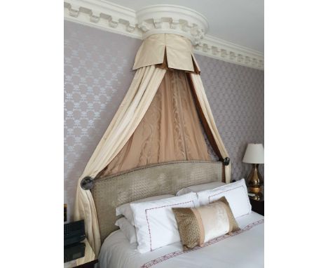 Headboard, Handcrafted With Nail Trim And Padded Textured Woven Upholstery Complete With Pelmet Coronet And Drapes Outer Pelm