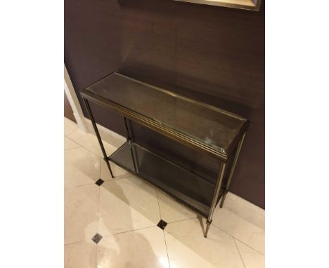A Forged Metal Two Tier Console Table With Glass Shelves 88 x 24 x 74cm (Room 728)