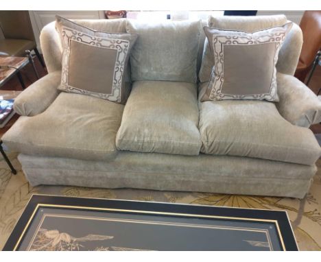 Classic Upholstered 3 Seater Sofa In Light Brown Fabric Complete With Scatter Cushions 230 x 84 x 84cm (Room 706 707)