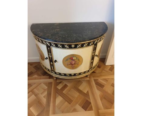 Adam Style Demilune Commode Cabinet With Classical Painted Scenes And Gilded Decoration With Marble Top Internally Fitted Wit