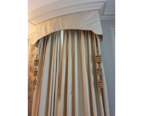 A Pair Of A Silk Light Golden Drapes And Pelmet With Dark Gold Piping Complete With Pelmet And 2 x Lantern Style Tassels 140 