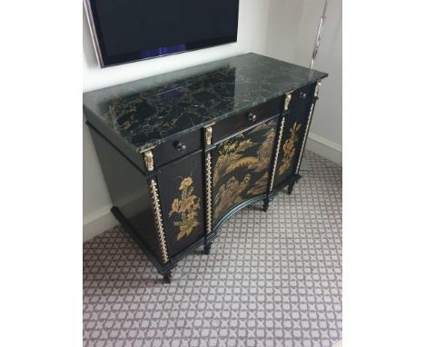 Black Lacquer Hand Decorated Chinoiserie Serpentine Commode By Restall Brown And Clennell Unit Internally Fitted With Refrige