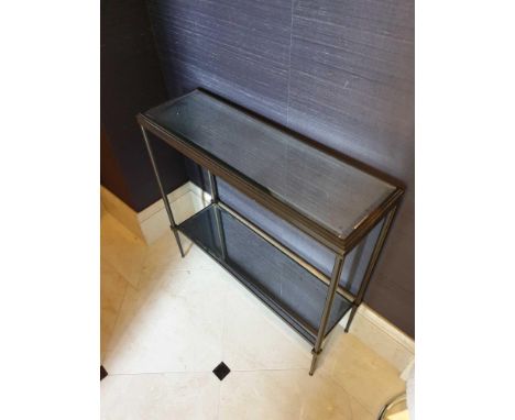 A Forged Metal Two Tier Console Table With Glass Shelves 88 x 24 x 74cm (Room 714)