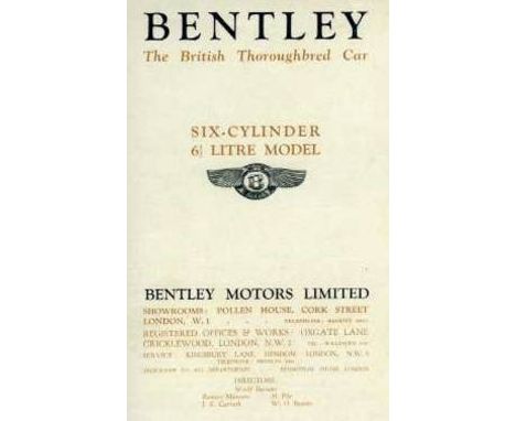 Bentley - Six Cylinder 6 1/2 Litre Model. Probably Bentley's first six-cylinder leaflet No 9 dated August 1926.  8pp includin