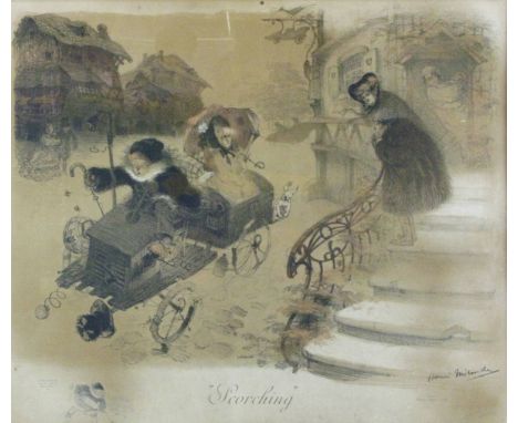 *Henri Mirande (1877-1955), 'Scorching'. An original colour lithograph by Fortier et Marotte,  depicting two children racing 
