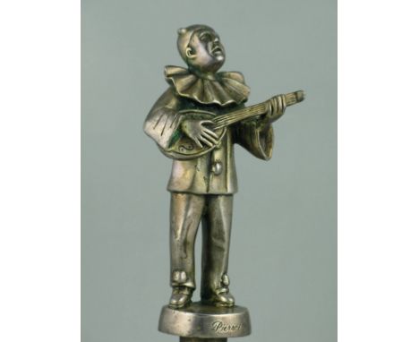 *Pierrot. A standing Pierrot playing his mandolin and singing,  scripted title on the base, good detail, nickel-plated bronze