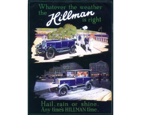 Hillman. A rare 1925 two-fold brochure with three tipped-in colour depictions of the 10.4hp model.  Printed on a lightweight 