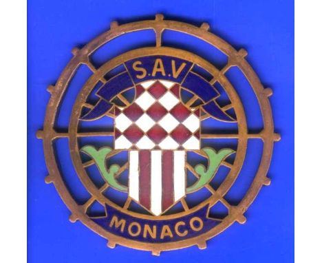 *Sport Automobile et Velocipedique de Monaco. A circular badge with a two-colour enamel centre,  the mounting pegs have been 