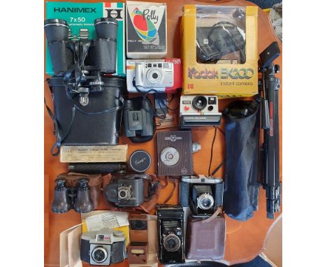 Assortment of 9 cameras (Kodak, Chinon, Solida etc), binoculars, tripods, vintage light meter, Falcon pocket telescope