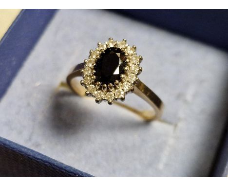 9ct Gold, Sapphire &amp; Diamond Dress Ring (Princess Diana Style) - 3.25g and size M