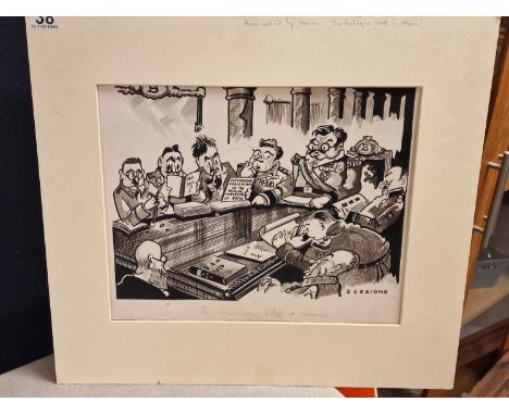Interesting Early Cartoon Art titled 'Bulldozian Staff in Session' - Military meeting or reminiscent of an Daily Mail or Dail