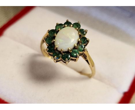 9ct Gold, Emerald &amp; Opal Cluster Dress Ring - size P+0.5, 2g