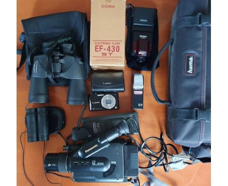Panasonic G2 VHS-C movie camera + cased accessories, Lumix digital camera, 2 flashes (Sigma/Wotan) and 2 pairs of binoculars 
