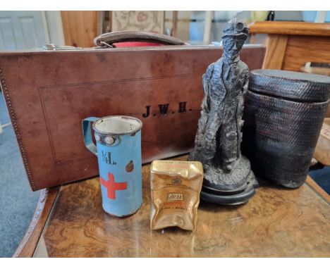 Mixed Ephemera inc a VG Quality Lined Leather Case marked JWH, Resin Mining Figure, WWI Medical/Red Cross Cup &amp; a Snakesk